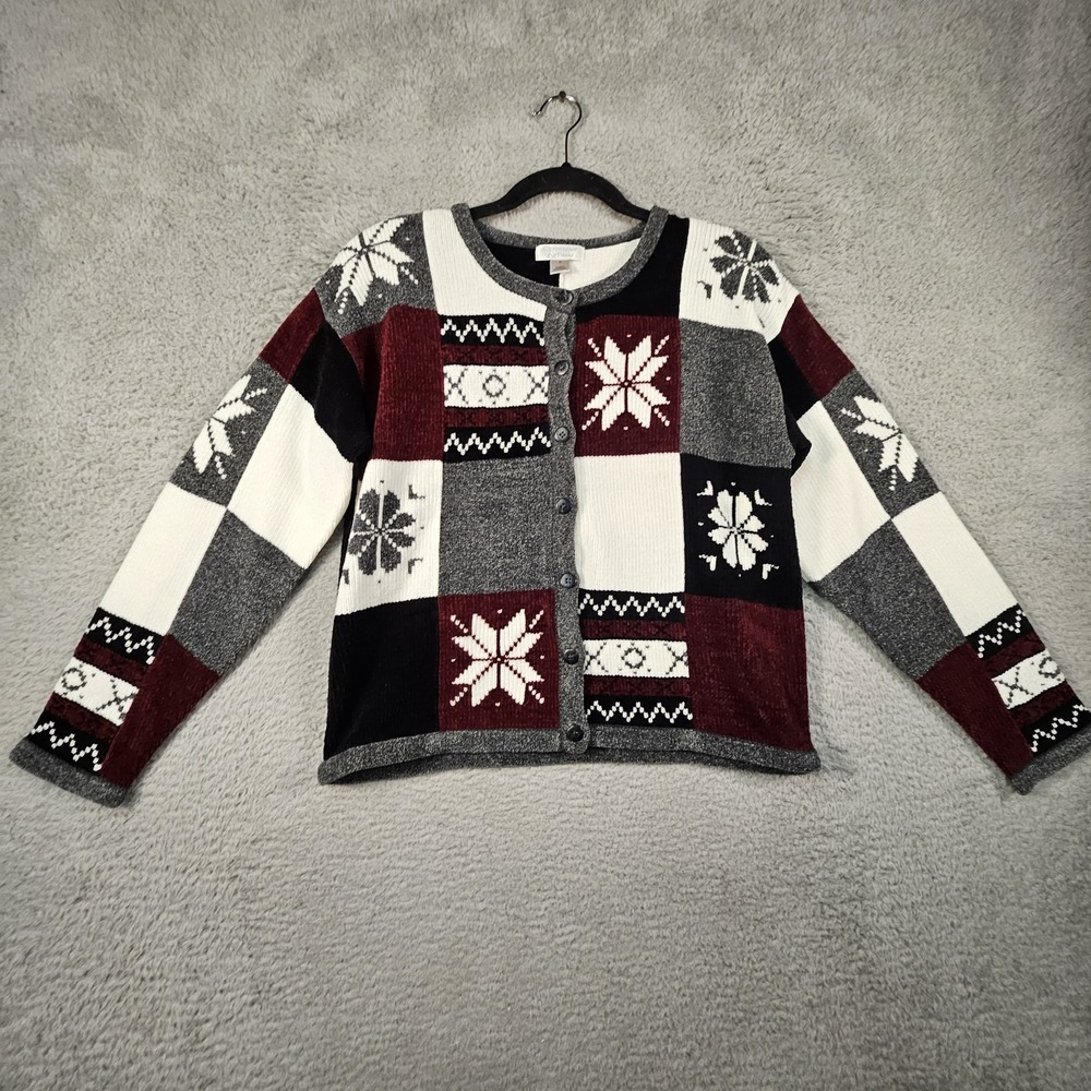 Vtg Christopher & Banks Snowflake Cardigan Womens S Patchwork Nordic Fair Isle